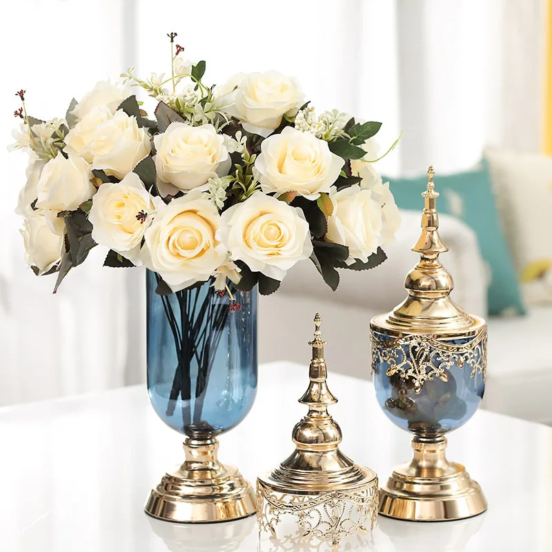 

American Golden Glass Vase Metal Base Bedroom Living Room Decoration Hydroponic Flower Vase Wedding Decoration Glass Container