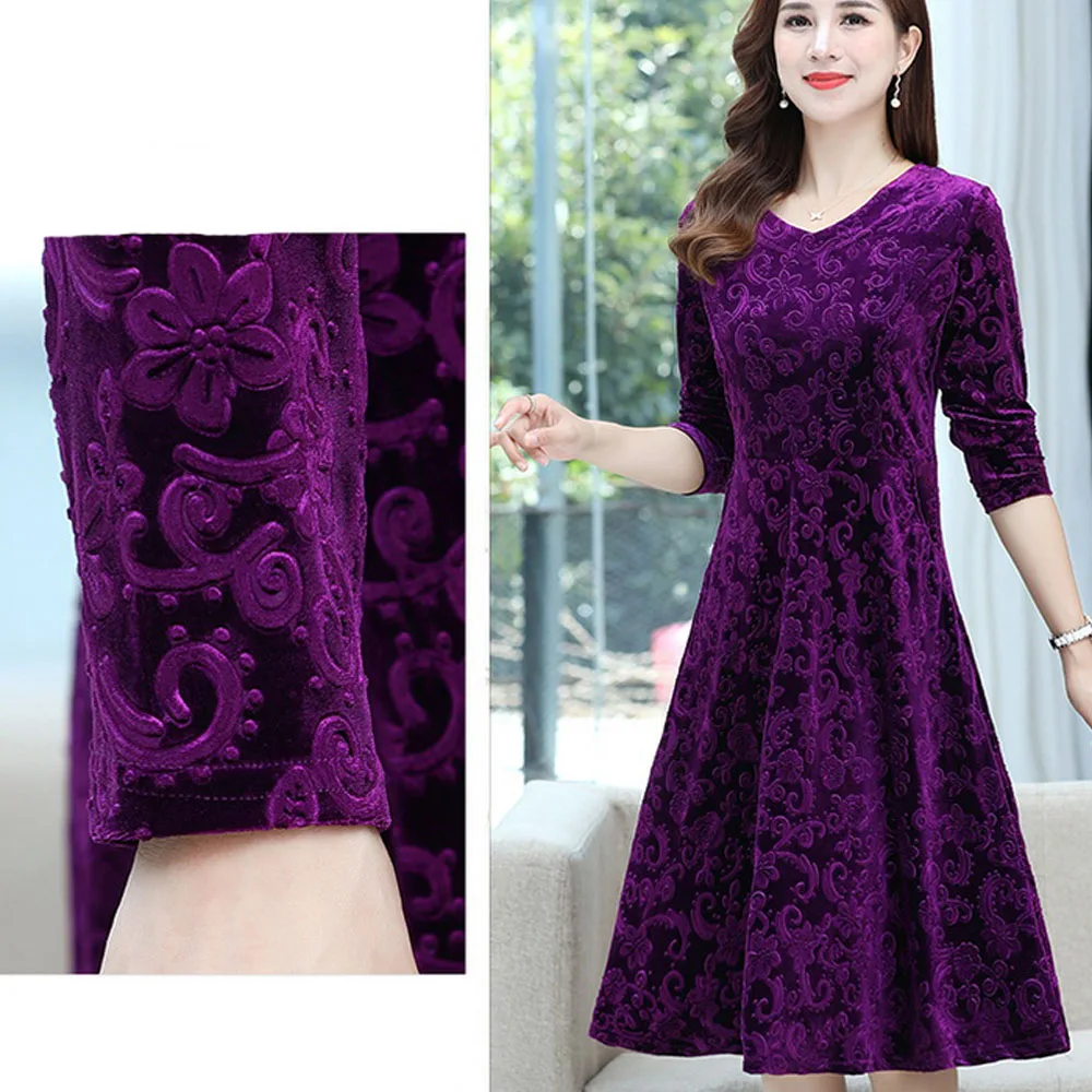 Plus size print dress Large size autumn winter dress new women long-sleeved gold velvet dress