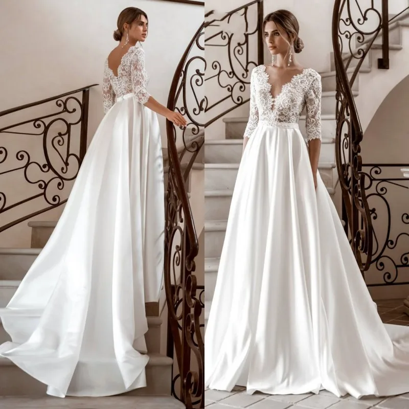 Gaun Pengantin Renda Lengan Panjang Elegan Gaun Pengantin V-Neck Satin A-Line 2020 Gaun Pengantin Vestido De Novia Musim Gugur Baru Vintage Sederhana