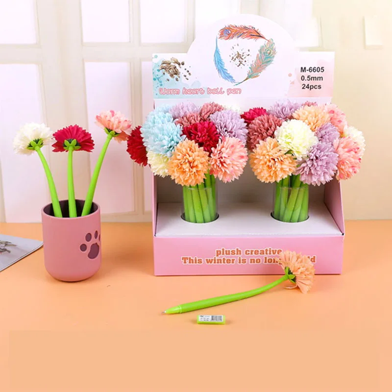 

24 pcs/lot Simulation Chrysanthemum Gel Pen Cute 0.5 mm black Ink Signature Pens Promotional Gift Stationery School Supplies