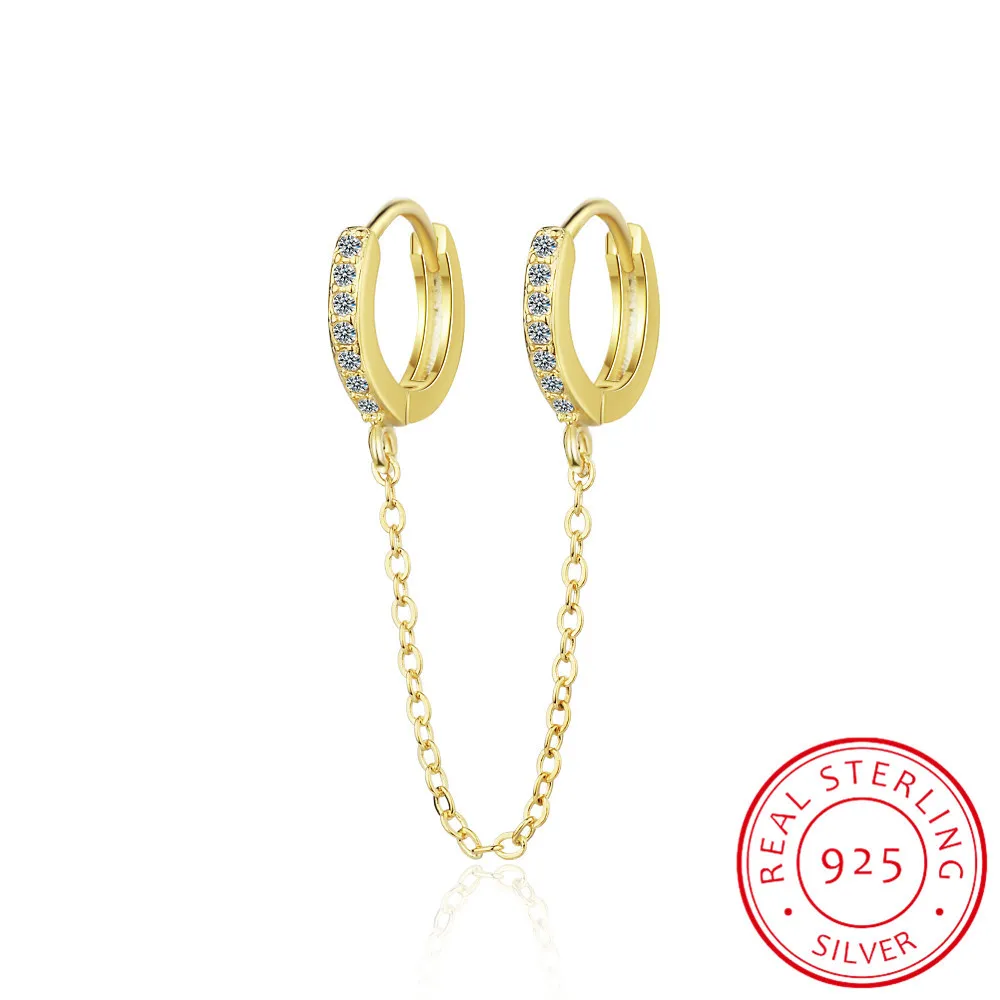 

925 sterling silver double mini small Huggie hoop with tassel chain earring for 2 piercing fashion women jewelry