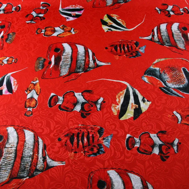 Red Base Deep-sea Fish Printed Thin Jacquard Fabric For Women Coat Dress Polyester Autumn Wear Suits DIY Clothing Material