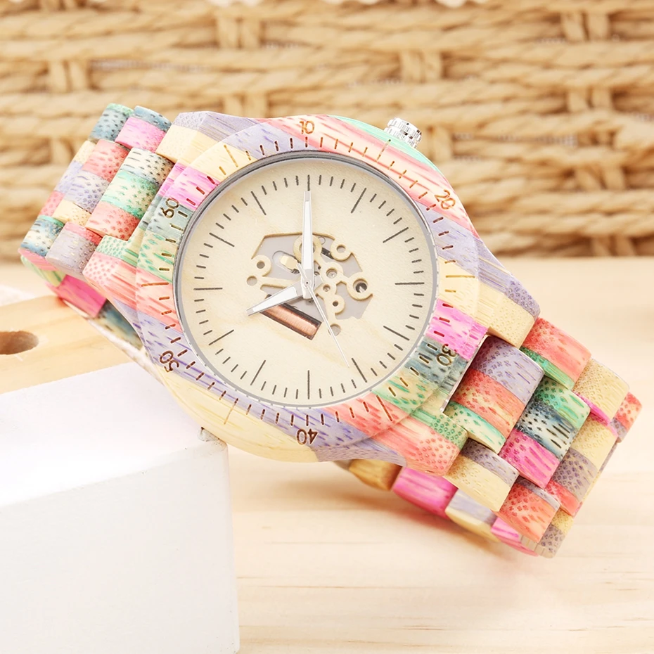 Colorful Wooden Watch for Male Unique Skeleton Movement Dial Wooden Watches for Men Handmade Full Wooden Band Quartz Wristwatch