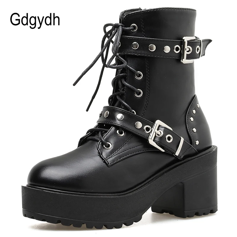 Gdgydh Sexy Rivet Autumn Boots Women Platform Boots Black Leather Gothic Punk Style Combat Boots For Women Mid Heels Comfortable