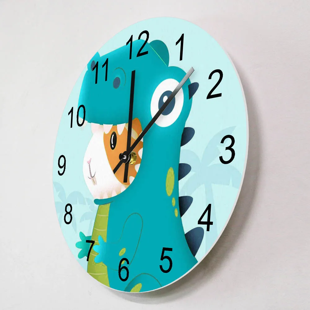 Dinosaur Cartoon Art Printed Wall Clock Boys Room Decor Jurassic Timepieces Silent Move Wall Watch Nursery Children's Wall Art