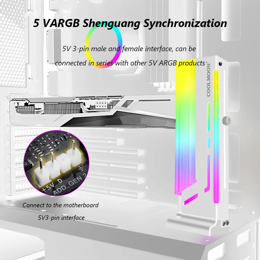 Coolmoon LED GPU 거치대, ARGB LED 수직 그래픽 카드 브래킷, 주소 지정 가능 RGB 지지대 프레임, 마그네틱 드롭십 포함, 5V, 3 핀