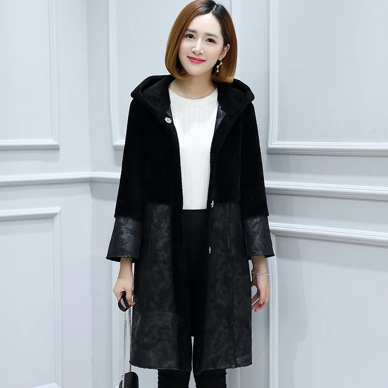 Sheep Shearling Jacket Women 2020 Autumn Winter Real Wool Fur Coats Hooded Double-faced Outwerwear Plus Size 4XL OT3780