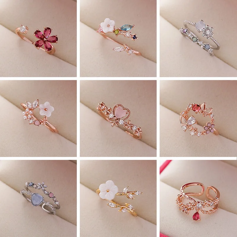 2021 New Gorgeous Geometric Flower Hollow Butterfly Bowknot Full Zircon Opening Finger Ring For Women Charm Beach Party Jewelry