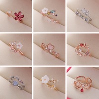 Fashion Sakura Flower Ring For Women Sweet Girls Exquisite Shiny Rhinestone Crystal Open Ring 2024 Romantic Jewelry Wedding Gift