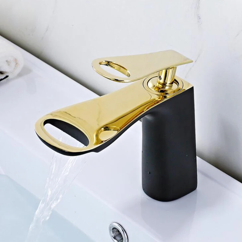 Bathroom Basin Faucet Black and Gold Brass Sink Mixer Faucets Single Handle Waterfall Vintage Wash Hot and Cold Mixer Taps Crane