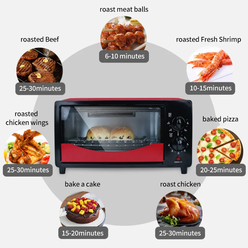 Oven Listrik Waktu 12L Multi-fungsi Baja Nirkarat Ter Kue Roti Mesin Pemanggang untuk Rumah 800W 220V KX10