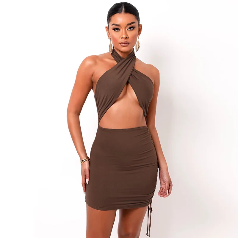 Fashion Brown Cross Halter Neck Sexy Dress Summer Women Ruched Cut Out Bodycon Dresses 2021 Ladies Club Night Party Mini Dress