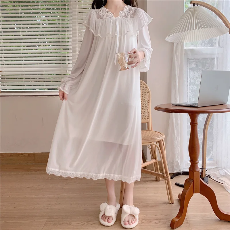 Victorian Vintage White Nightgown Women Nighty Mesh Lace Lolita Night Dress Princess Peignoir Robe Women\'s Sleepwear Lounge Wear