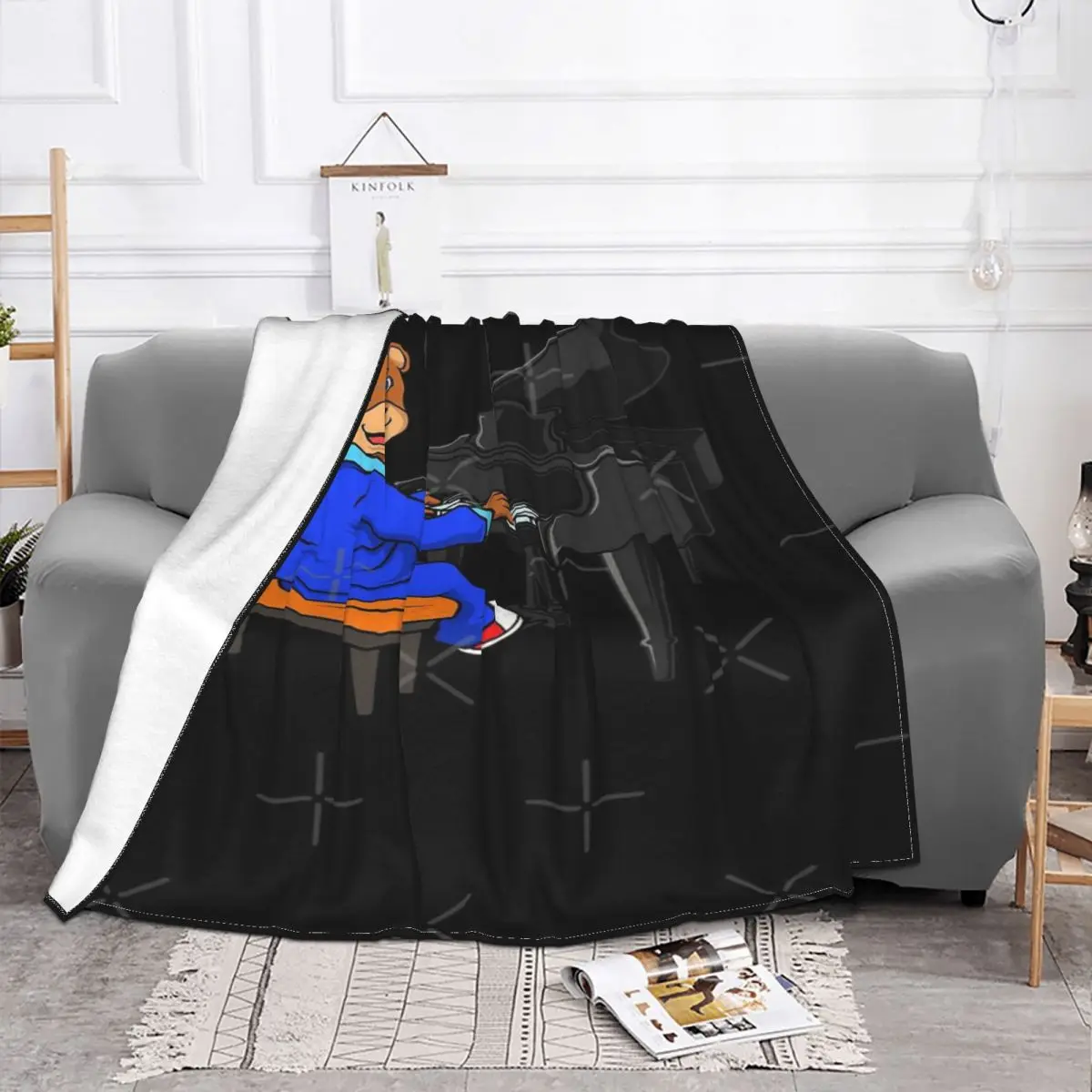 Manta a cuadros con diseño de oso de cómic para cama, colcha con diseño de Piano, a cuadros