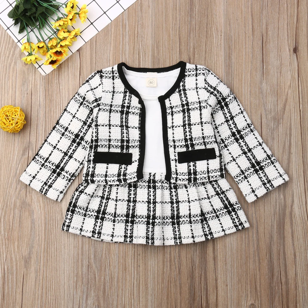 2019 Autumn New 1-6 Year Kids Baby Girls Clothes Set Long Sleeve Plaid Coat Tops+mini Dress 2Pcs Warm Outfits