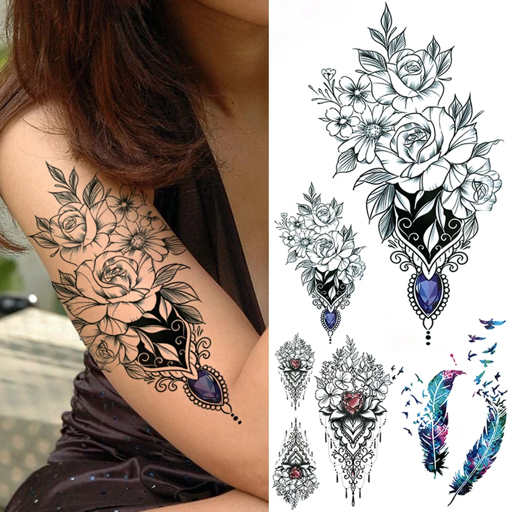 

Diamond Flower Temporary Tattoos For Women Girls Rose Orchid Feather Tattoo Sticker Fake Jewelry Black Large Forearm Tatoos 3D