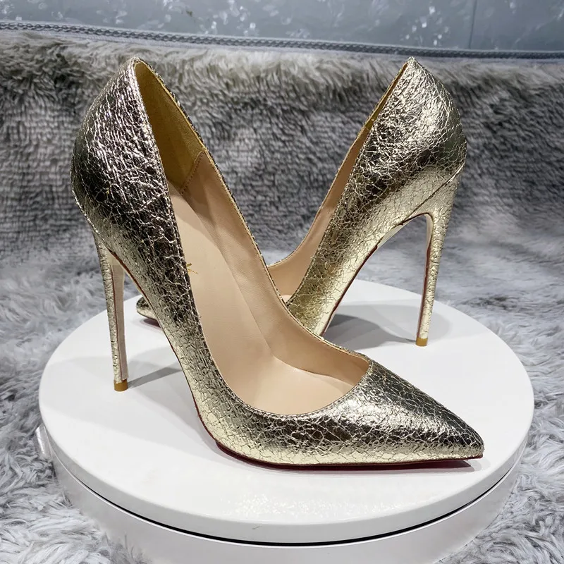 Tikicup Gold Matte Crocodile Effect Women Pointy Toe High Heel Wedding Party Shoes 8-12cm Gorgeous Stiletto Pumps Customizable