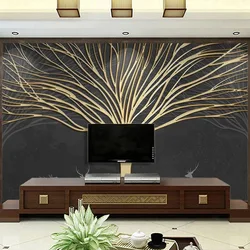 Papel tapiz Mural personalizado moderno, pintado a mano, 3D, creativo, luz de árbol, lujo, línea dorada en relieve, fondo, pared, decoración del hogar, Fresco