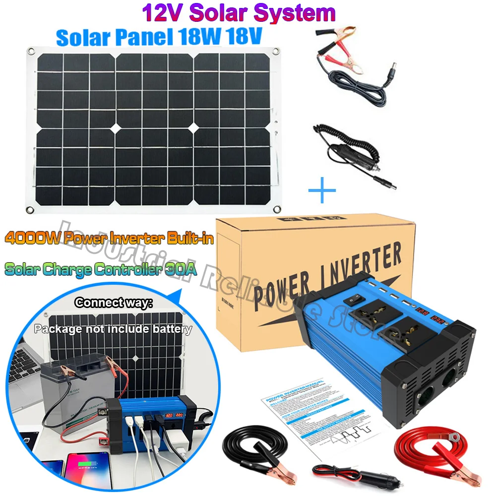 4000watt Peak Car power inverter DC12V To AC220V/110V Built-in Solar Charge controller+Solar Panel+DC cable + DC alligator clip