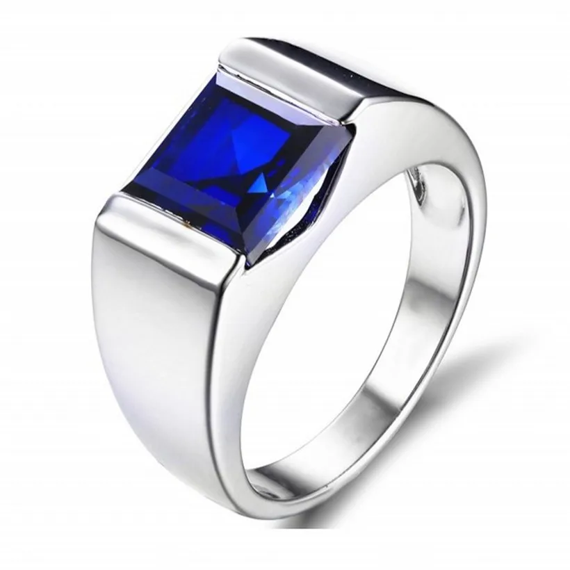 Men's Eternity 925 Sterling Silver Square Natural Blue Sapphire Stone Solitaire Rings For Men Women jewelry gift