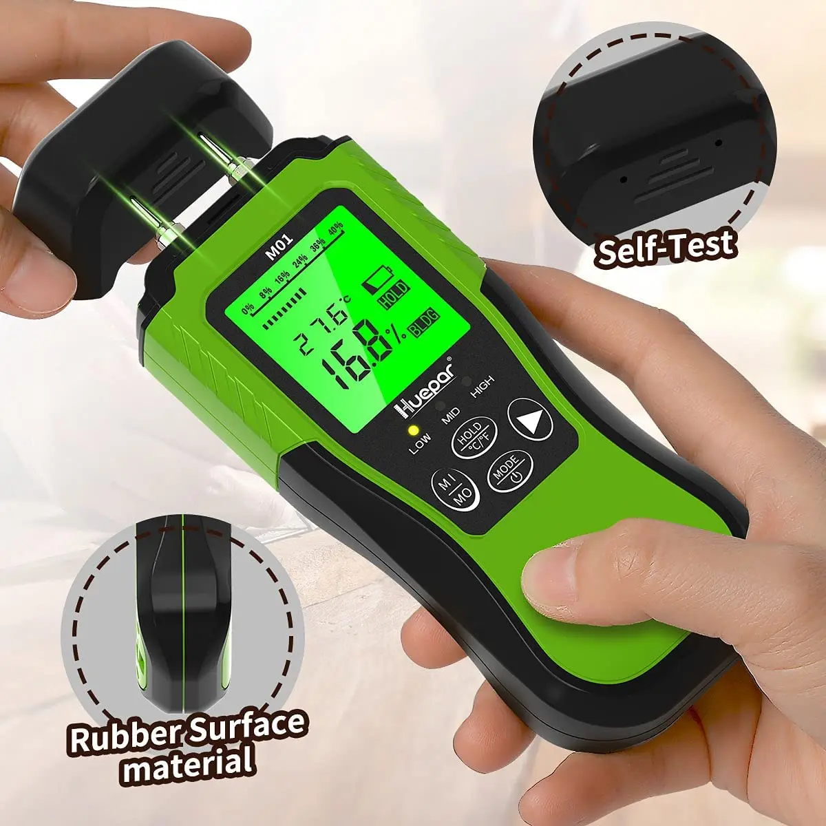 Imagem -05 - Digital Madeira Umidade Medidor Profissional Timber Damp Tester Higrômetro Portátil Madeira Detector Display hd Huepar-m01
