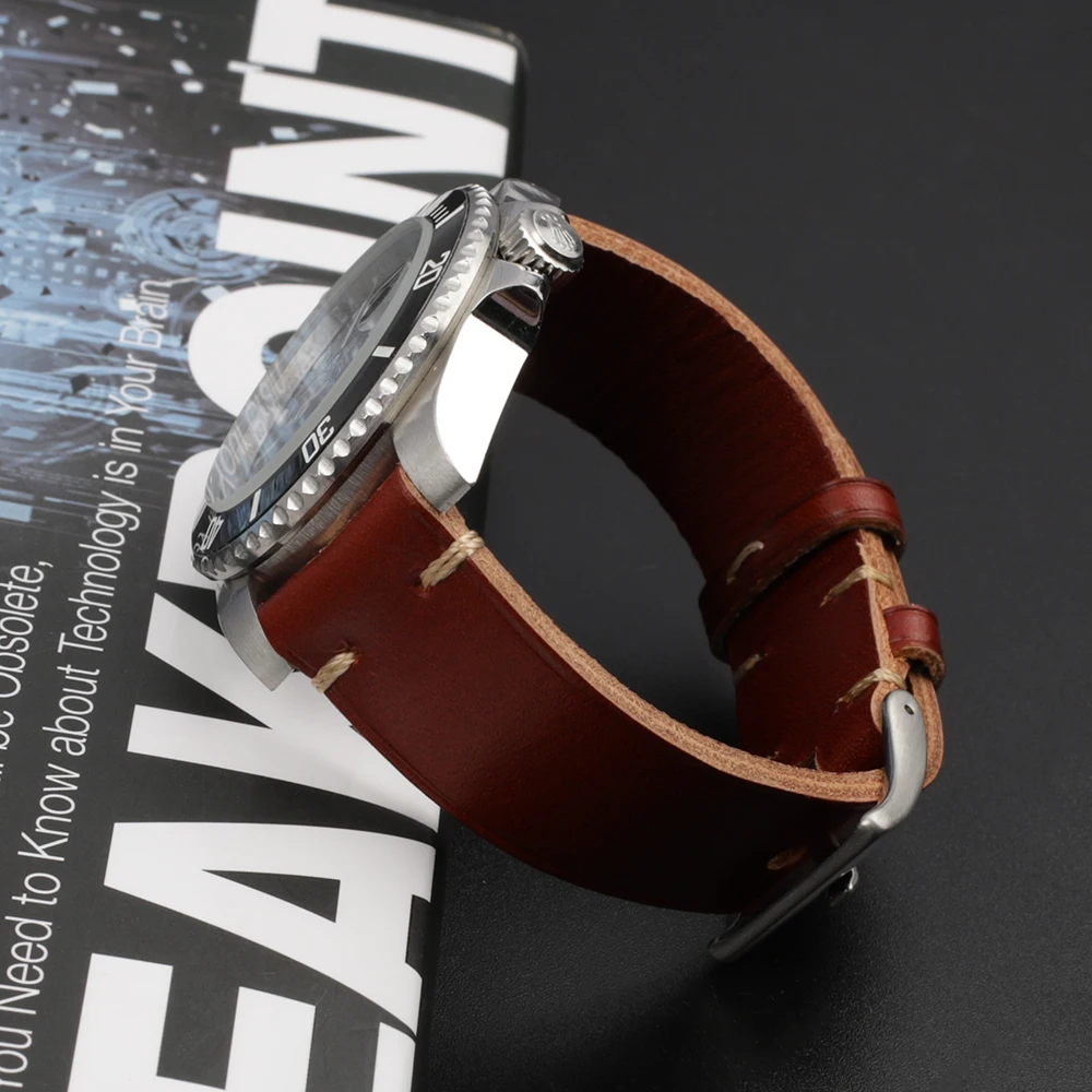 Genuine Leather Watch Band Vintage Handmade Stitched Coffee Cowhide Watchband Quick Release Watch Bracelet 20mm 22mm Watch Strap