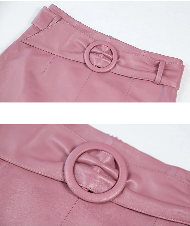 RYS9325 Winter Women Genuine Leather 65cm Long Wrap Skirt Female Ring Belt High Waist Faldas Mujer Front Slit OL Sexy Pink Jupe