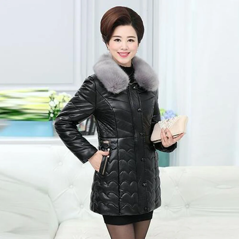 Middle-aged Women's Leather Jackets Winter Coat Mid-length Fur Collar Zipper Thick Warm Cotton Jacket Parkas PU Overcoat K756