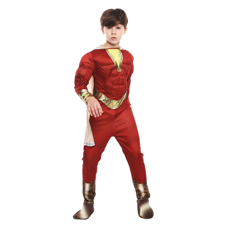 Kinder Gerechtigkeit Superheld Muskel Overall Kostüm Halloween Purim Kind Junge Cosplay Shazan League Superheld Kostüm