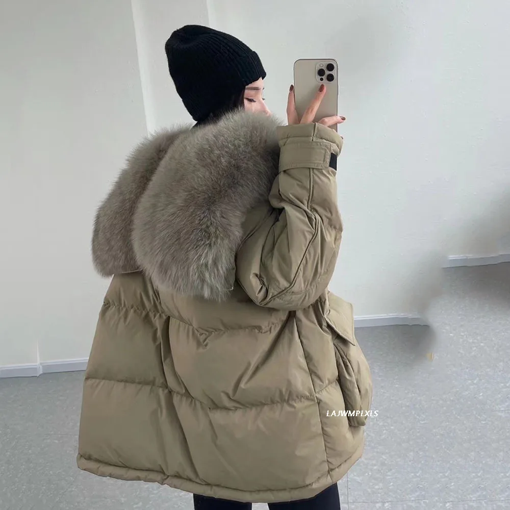 2022 Winter Women Real Fox Fur 90% White Duck Down Coat Female Thick Hooded Puffer Jacket With Big Natural Fur