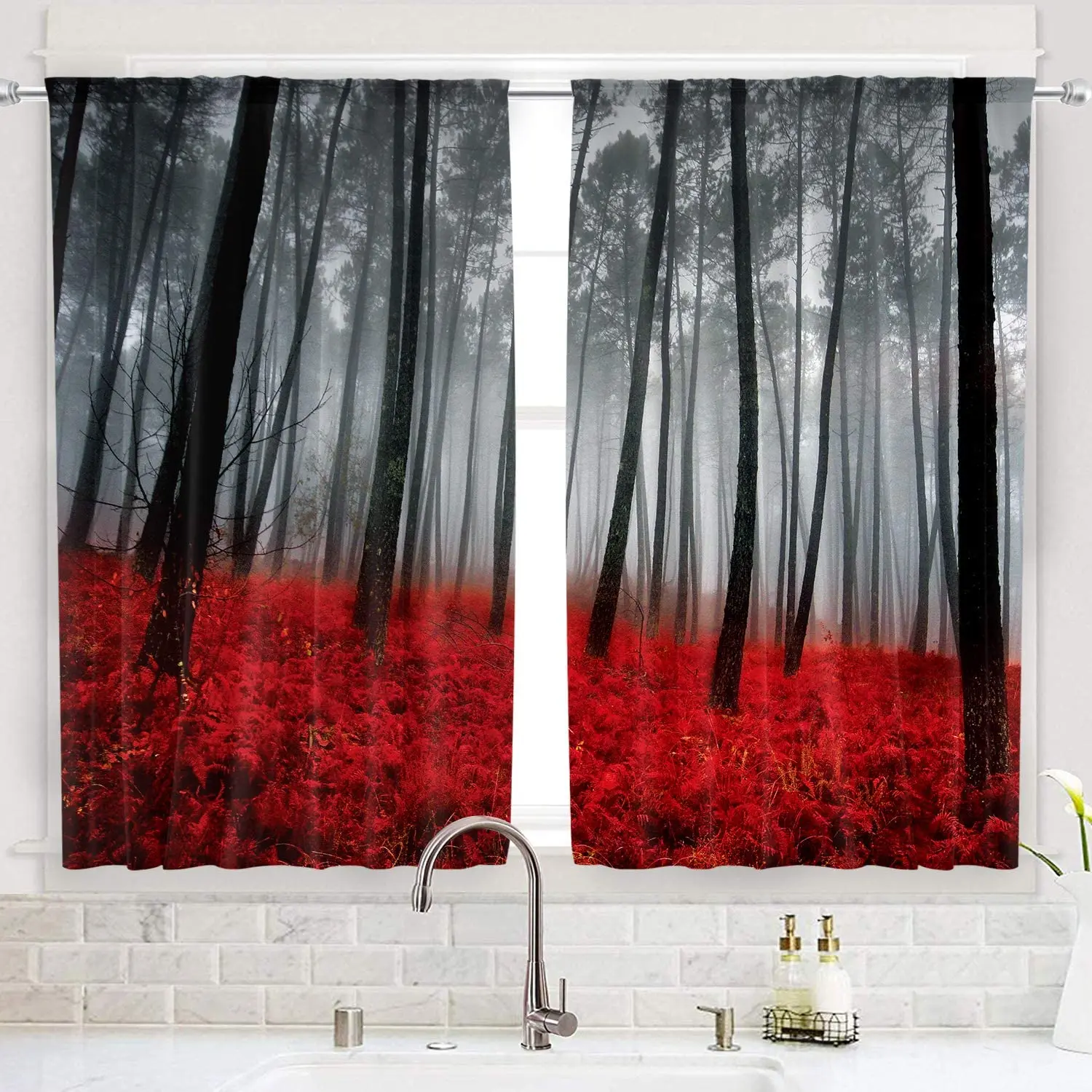 Living Room Decoration Blackout Curtains Red and Black Forest Mysterious Natural Fog View Bedroom Living Room Luxury Curtains