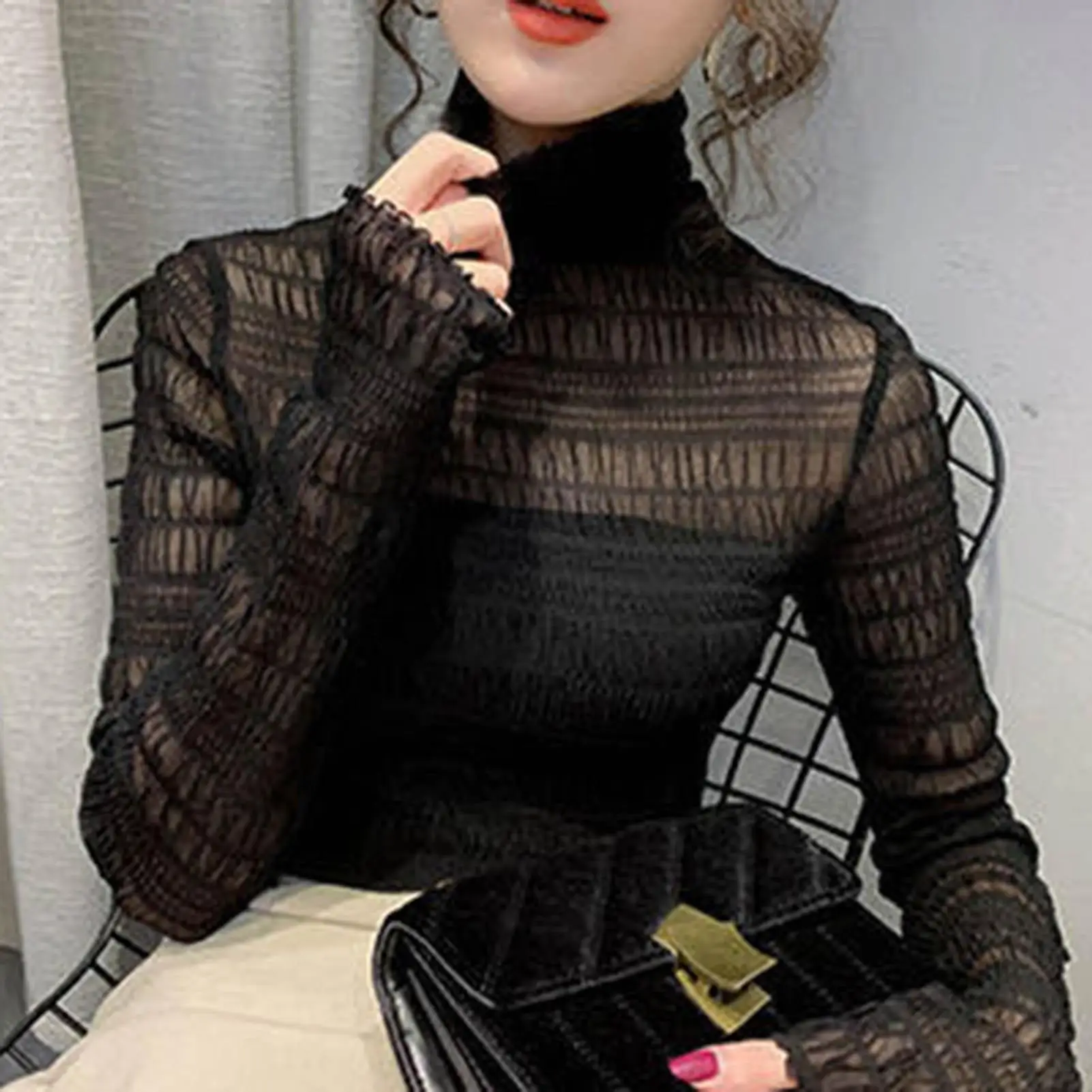 blouses women casual 2024 Autumn Solid Color Heap Collar Slim Blouse See Through Sheer Base black tops and blouses women fashion