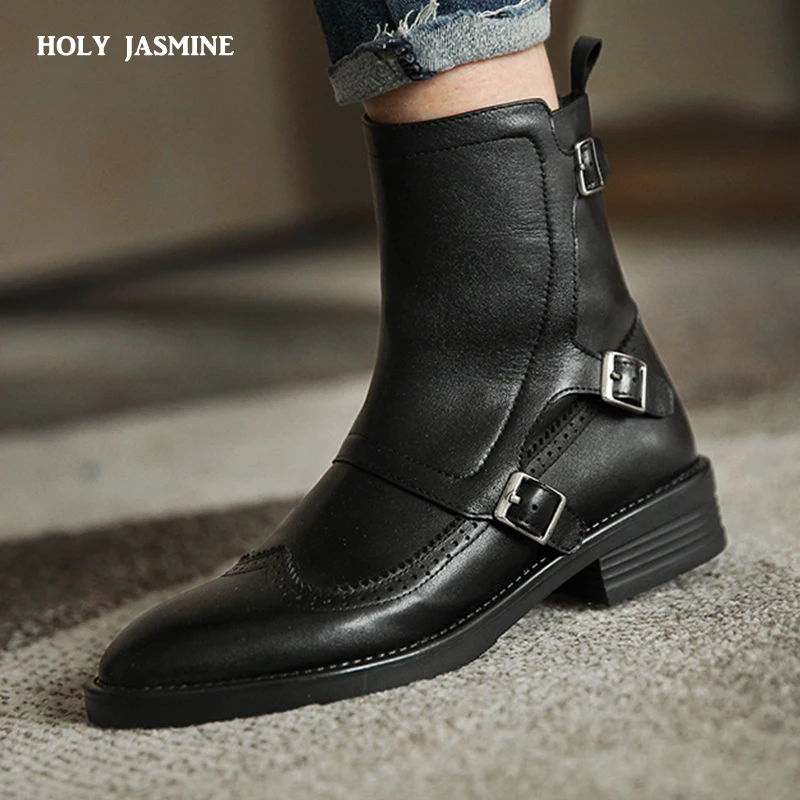 2020 jesień nowa damska klamra Chelsea Boots Handmade oryginalne skórzane buty z zaokrąglonym czubkiem jakości klamra kwadratowe buty na niskim