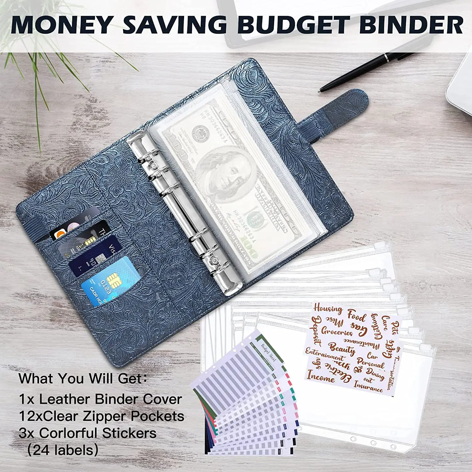 NEW A6 Binder Budget Binder with Zipper Envelopes & Expense Budget Sheets,Money Saving Cash Envelope with 12pcs 6-Ring Pockets