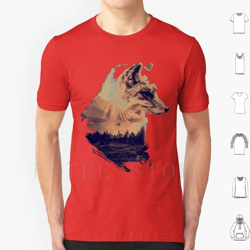 Forest Fox T Shirt Print Cotton Fox Photomanipulation Forest Realistic Nature Trees Lake Island Monotone Wolf