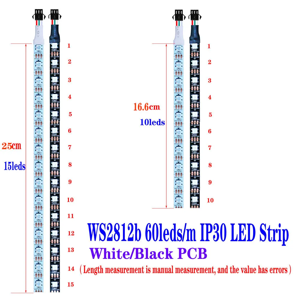 Lumières de feux d\'artifice LED, DC 5V, WS2812b, 5050 RVB, bande adressable allérieurement, 3 broches, 12 canaux, 10LED, 16.6cm, 15LED, 25cm, IP30