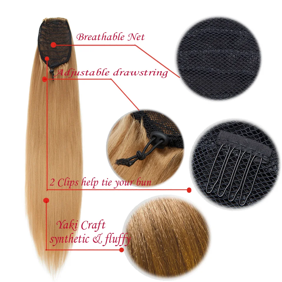 Benehair-coleta de pelo largo y liso para mujer, extensión de cabello sintético Yaki de 22 pulgadas con cordón, cola de caballo esponjosa con Clip