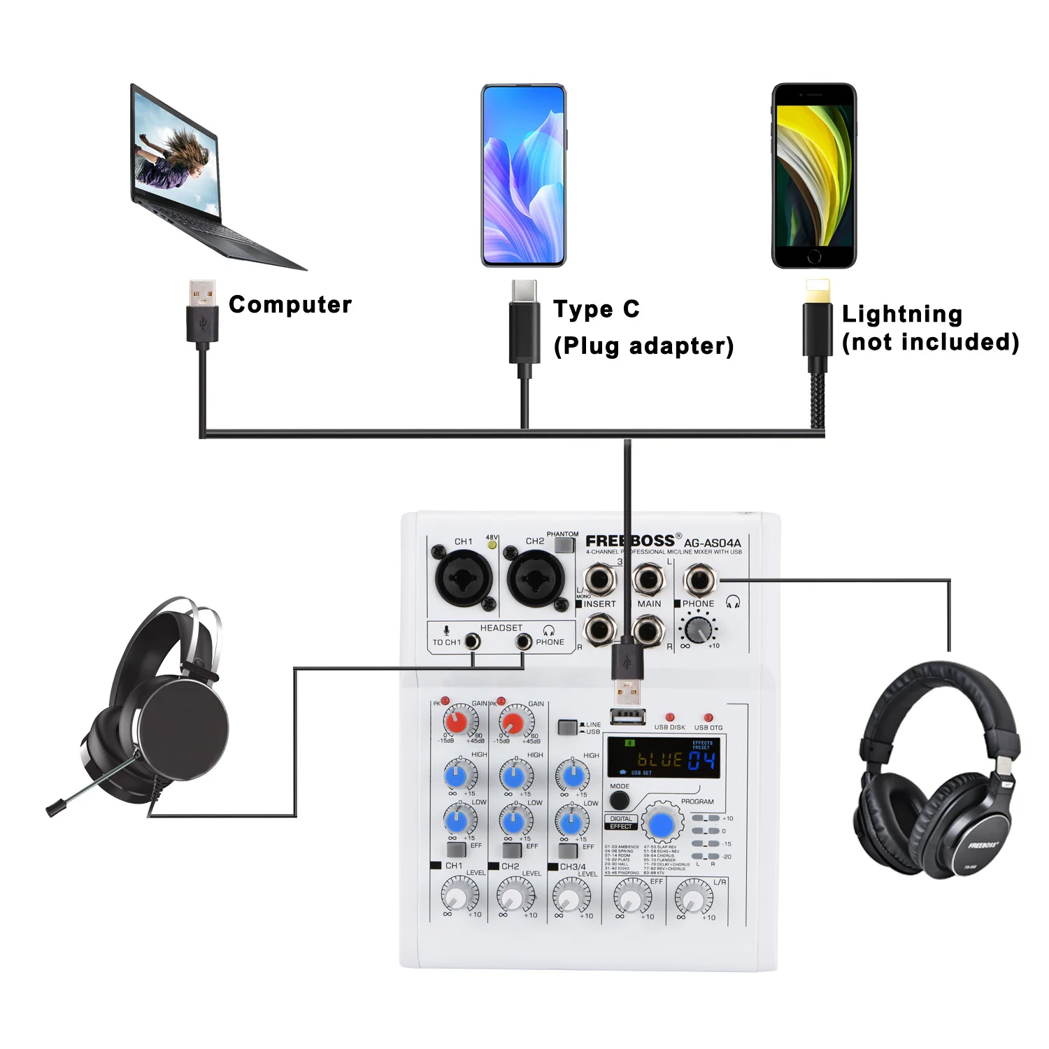 FREEBOSS AG-AS04A 4 채널 DC 5V Bluetooth 모바일 컴퓨터 USB 재생 및 기록 88 DSP 효과 Echo Reverb 개인 오디오 믹서