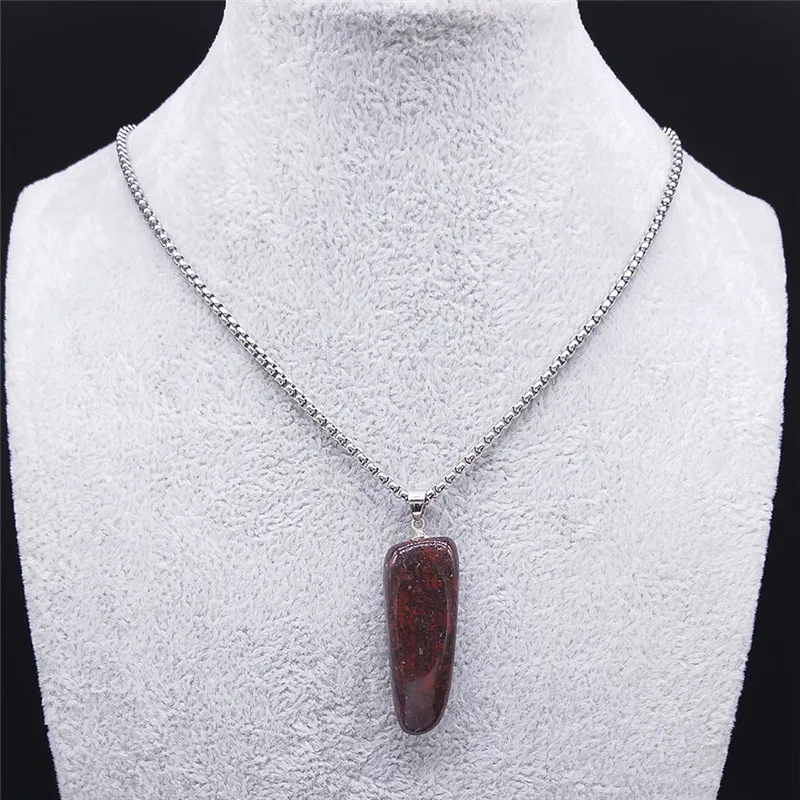 Irregular Bloodstone Pendant Necklace Stainless Steel Chain Gem Stone Healing Energy Necklace Jewelry Reiki Healing Gift NDD19-2
