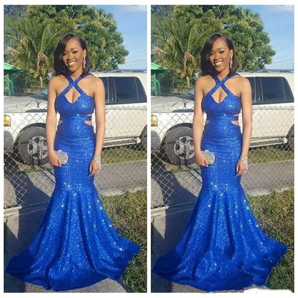 Custom Royal Blue Sequined Prom Dresses 2020 Long Cutaway Sides Mermaid Evening Dress Sexy Back Shinning Party Dress