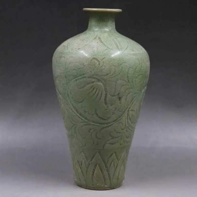 

Chinese Porcelain Celadon Carved Designs Vase 9.25 inch Imitation Old Crafts Ornamen