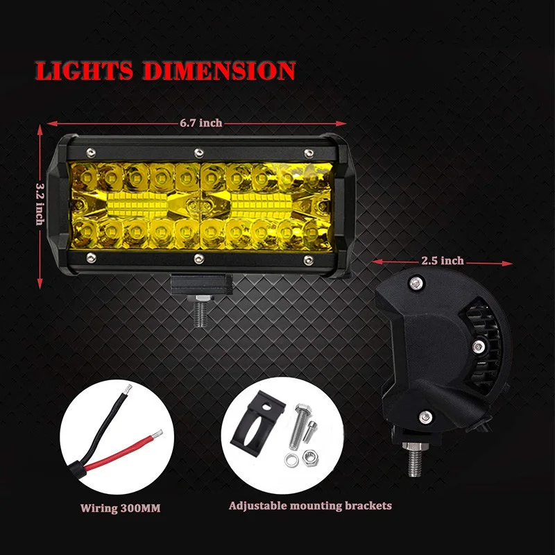 Yellow Light 7 Inch 120W Combo Led Light Bars Spot Flood Beam 4x4 Spot 12V 24V 4WD Barra LED Headlight For Auto Boats SUV ATV