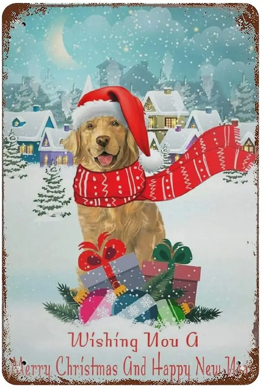 

JEFCY Christmas Dogs Nostalgic Tin Sign Happy New Year Vintage Metal Poster Home Bar Cafe Club Coffee Shop Wall Decor