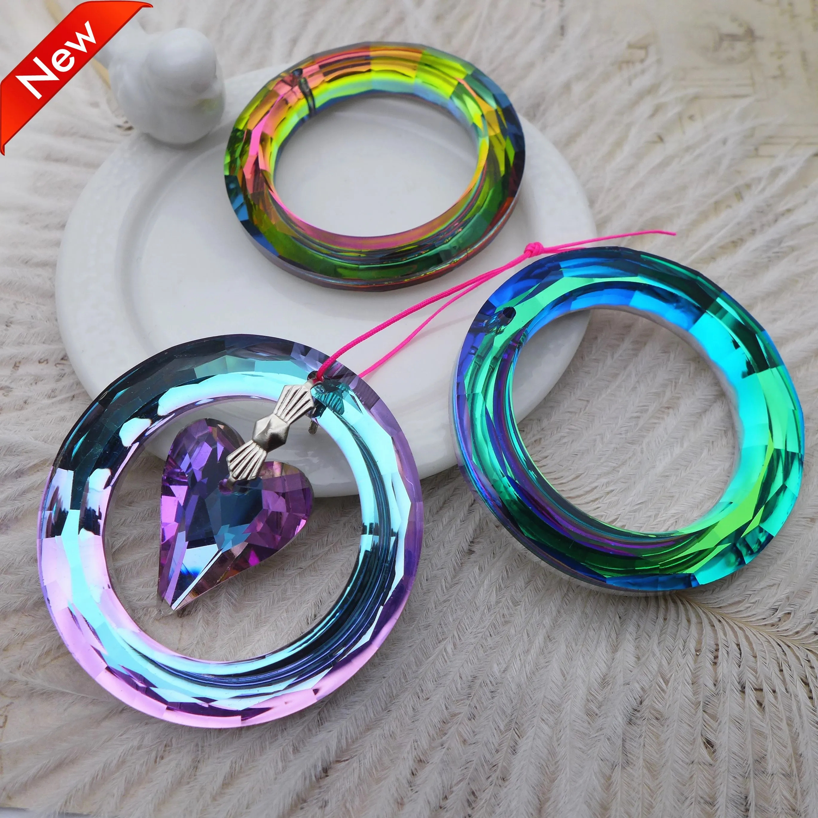 50MM Circle Suncatcher Window Crystal Prisms Lot DIY Raibow Pendants Glass Hanging  Ring Beads Windchimes Outdoor Garden 8PCS