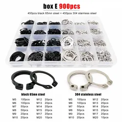 250/900pc Assortment Kit Set M5 to M20 Stainless Steel Black 65mn Shaft Bearing Retaining Clip Snap Ring C Type External Circlip