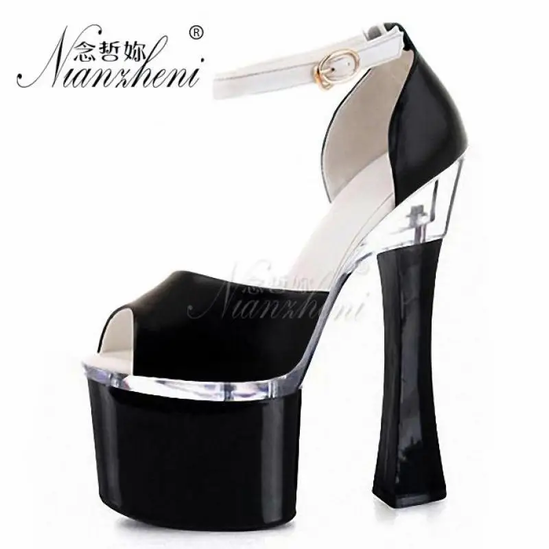 Sexy Fetish Spool heels Shallow Peep toe Buckle strap Thick platform Women\'s sandals 18cm High heeled shoes 7 inches Nightclub