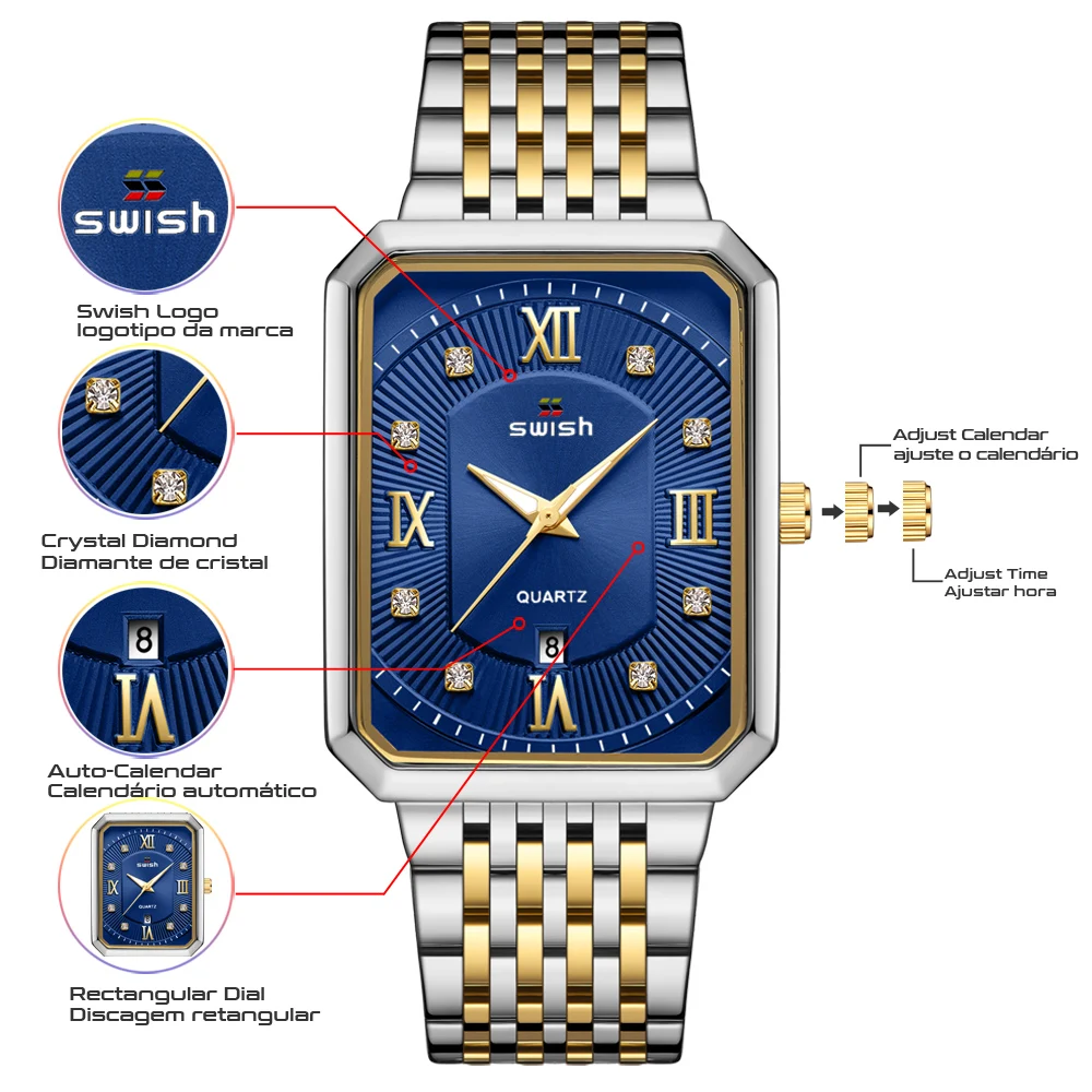 Business Fashion Silver Quartz Men Watch Diamond Date Rectangle Case Mesh Alloy Band Roman Numbers Gold Coated Steel Band