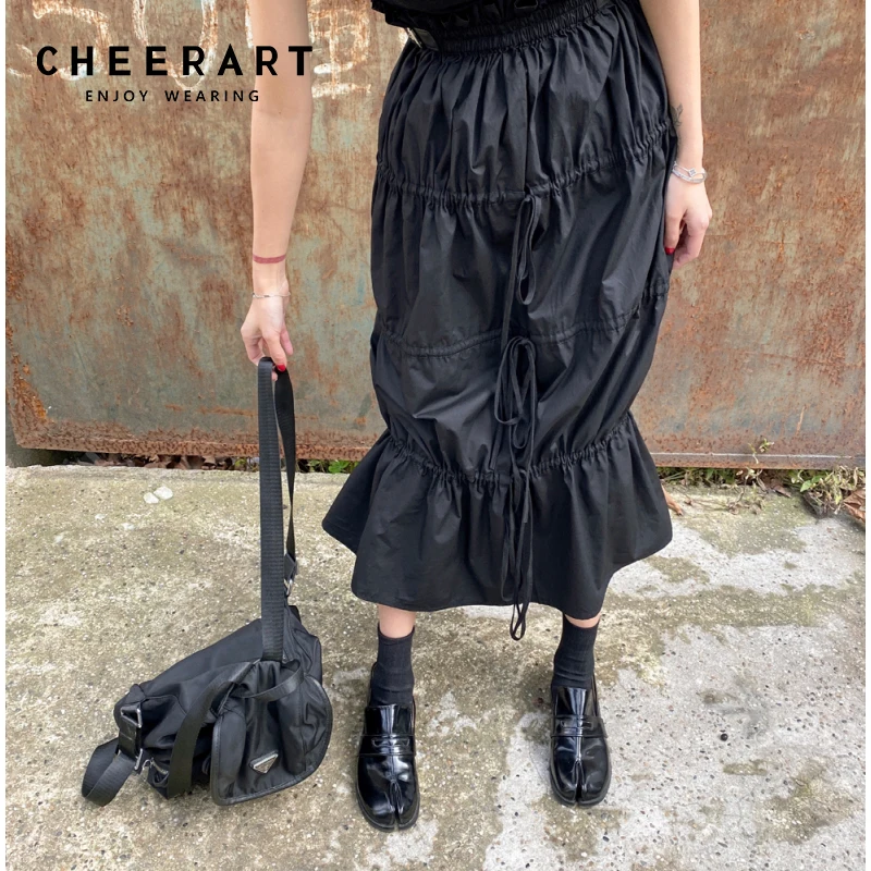 

CHEERART Desinger High Waisted Skirts Womens 2021 Fall Fashion Drawstring Ruched Long Midi Goth Skirt With Leather Belt Clothing