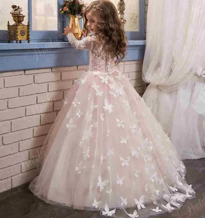 

Classic Tulle Flower Girl Dress with Bow Lace Appliques Long Sleeve For Wedding Birthday Ball Gown First Holy Communion Dresses