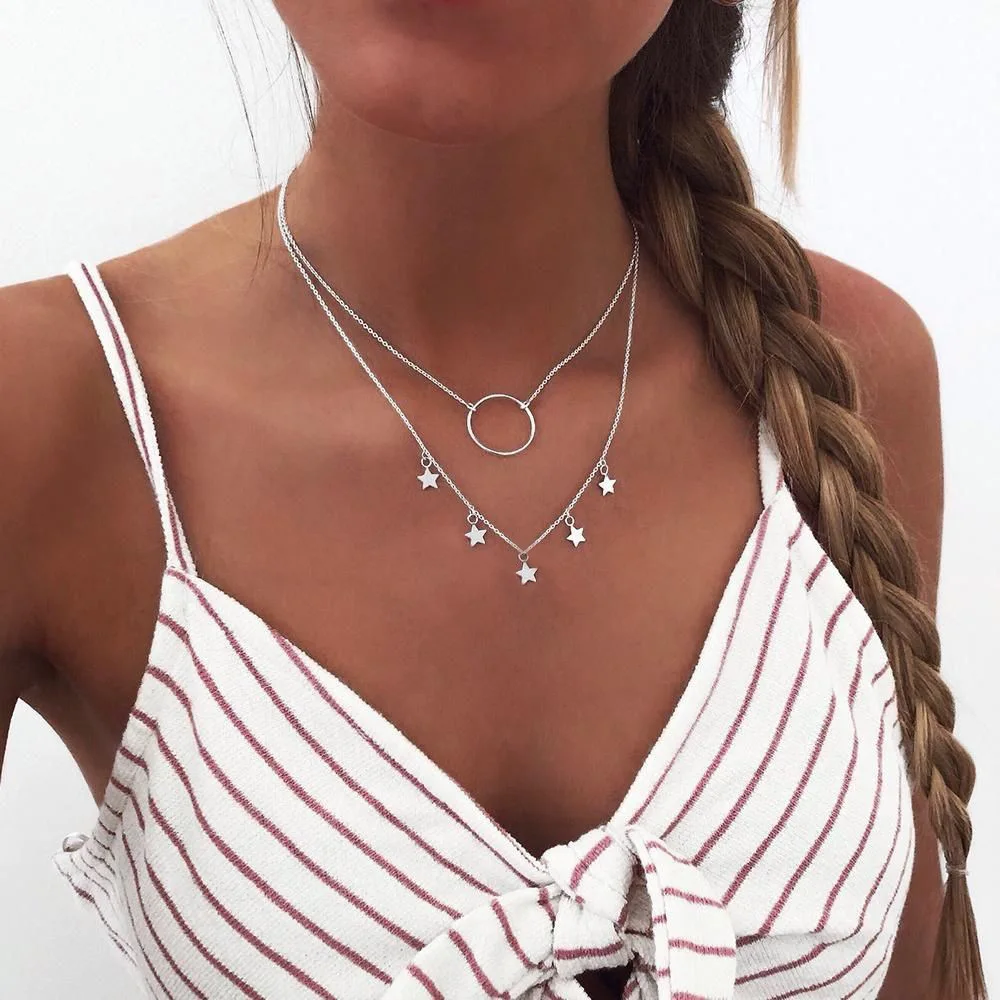 Tenande Vintage Mehrschichtige Party-Schmuckketten mit Blättern, Sternen, Hamsa-Hand und Mond für Damen - Trendige Bijouterie – Detail 19